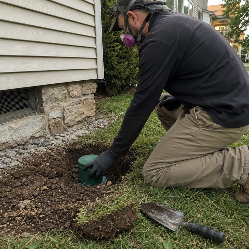 In-ground termite bait station being installed in the soil around a Worcester, MA home foundation