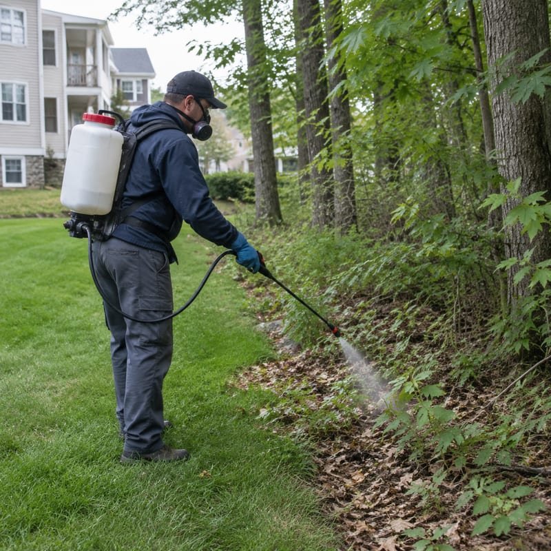 Technician treating the shaded lawn-to-woods transition zone for ticks at a Worcester, MA property