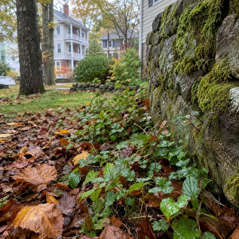 Tick habitat in the leaf litter and ground cover along a stone wall in Worcester County, MA
