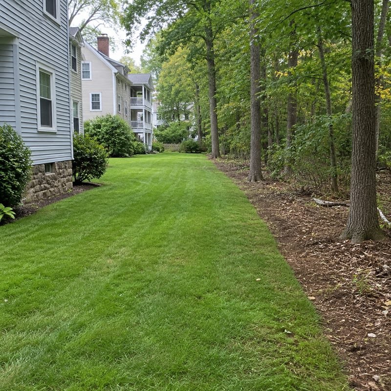 Cleared leaf litter and mown margin at a wooded property edge in Central Massachusetts to cut tick pressure