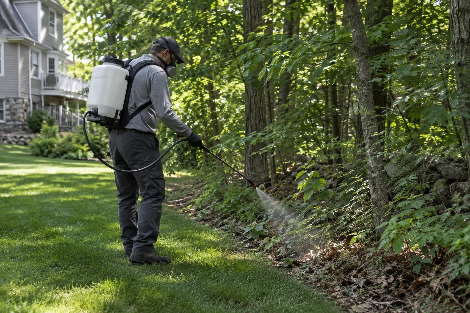 Pest control technician treating the shaded lawn-to-woods transition zone for ticks at a Worcester, MA property