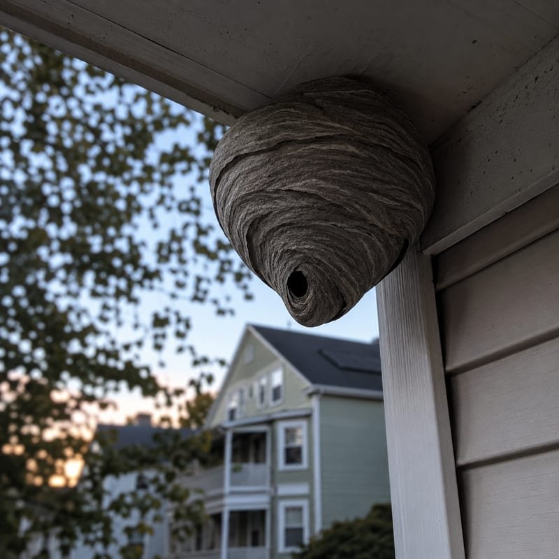 Grey paper bald-faced hornet nest hanging under the eave of a Worcester, MA house