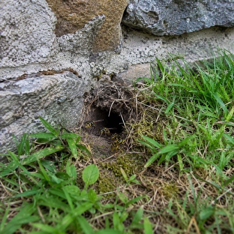 Yellow jacket entrance hole in the ground beside a lawn edge in Central Massachusetts