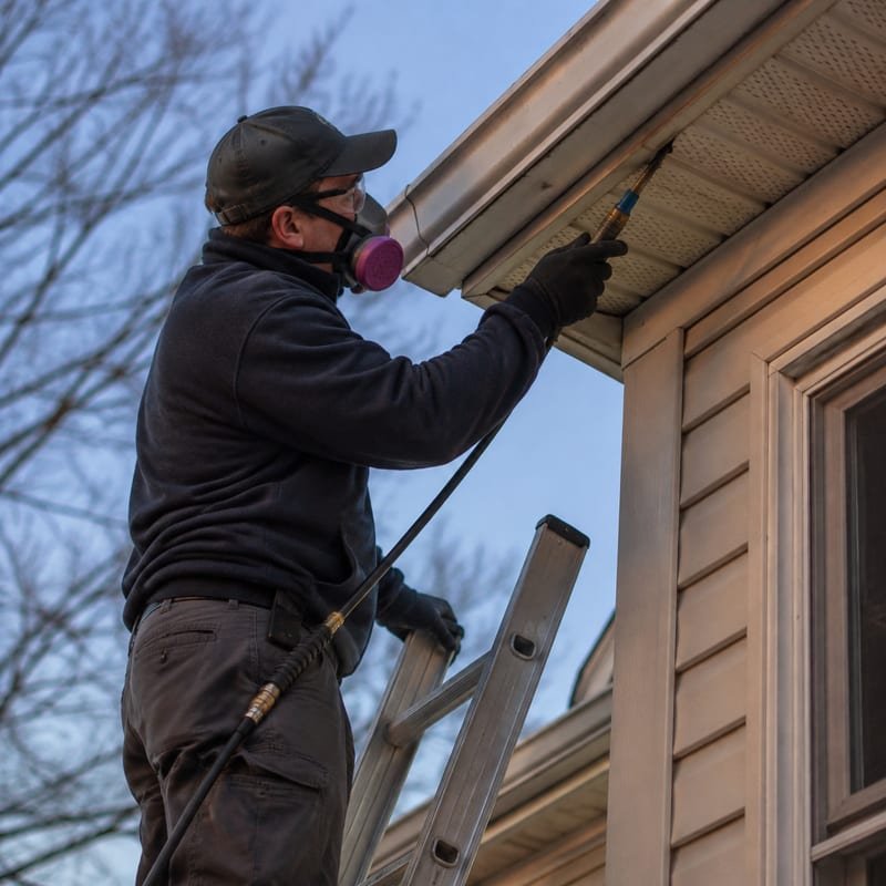 Technician injecting dust at a soffit entry point to treat a concealed wasp nest in Worcester, MA