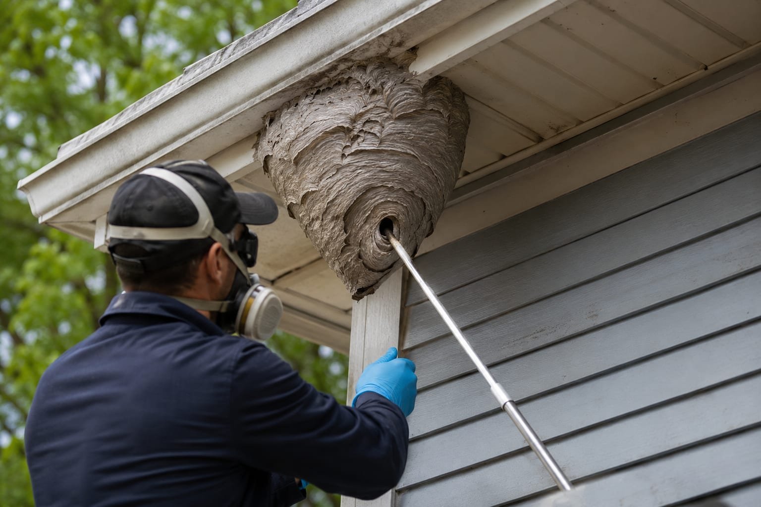 Bald-faced hornet nest hanging from the soffit of a Worcester, MA house before removal