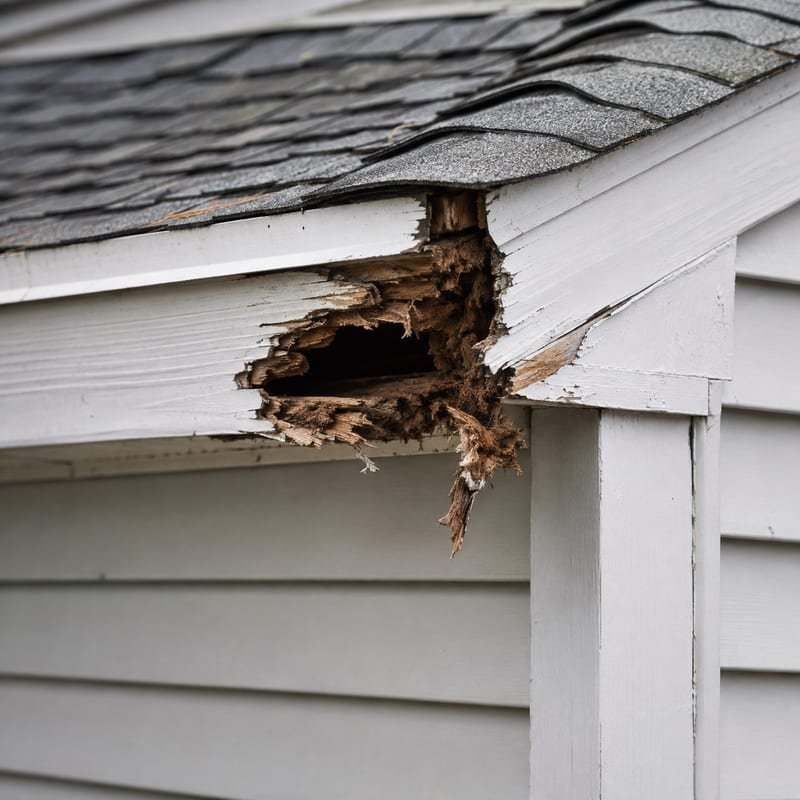 Squirrel entry hole gnawed through a rotted fascia board at a roof return on a Worcester, MA house