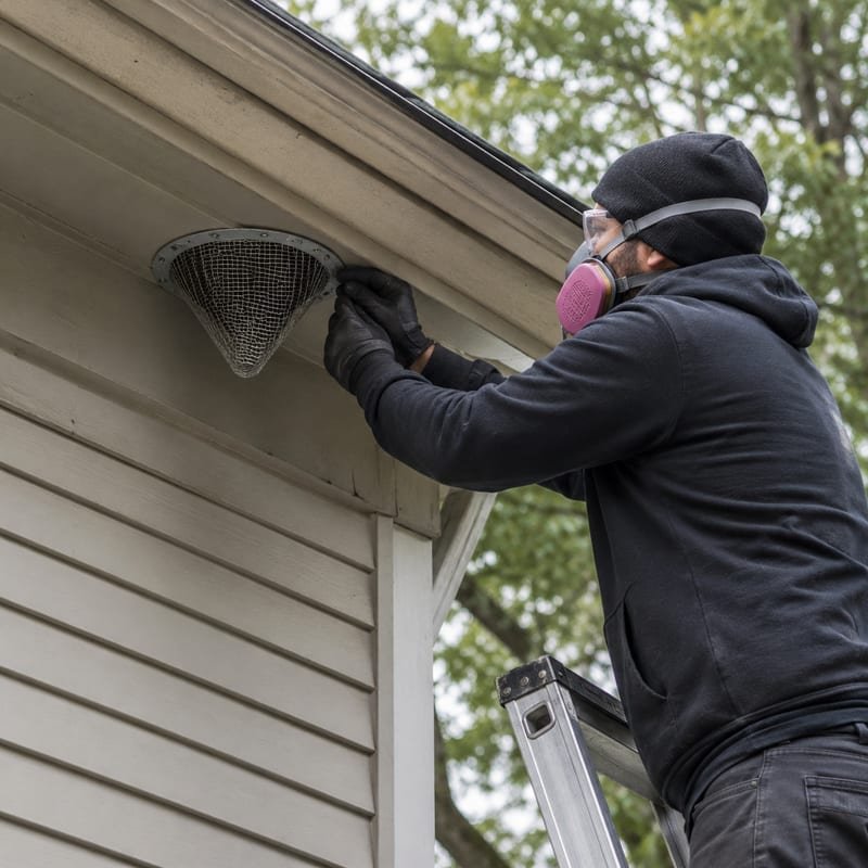 One-way exclusion device fitted over a soffit entry point during wildlife removal in Central Massachusetts