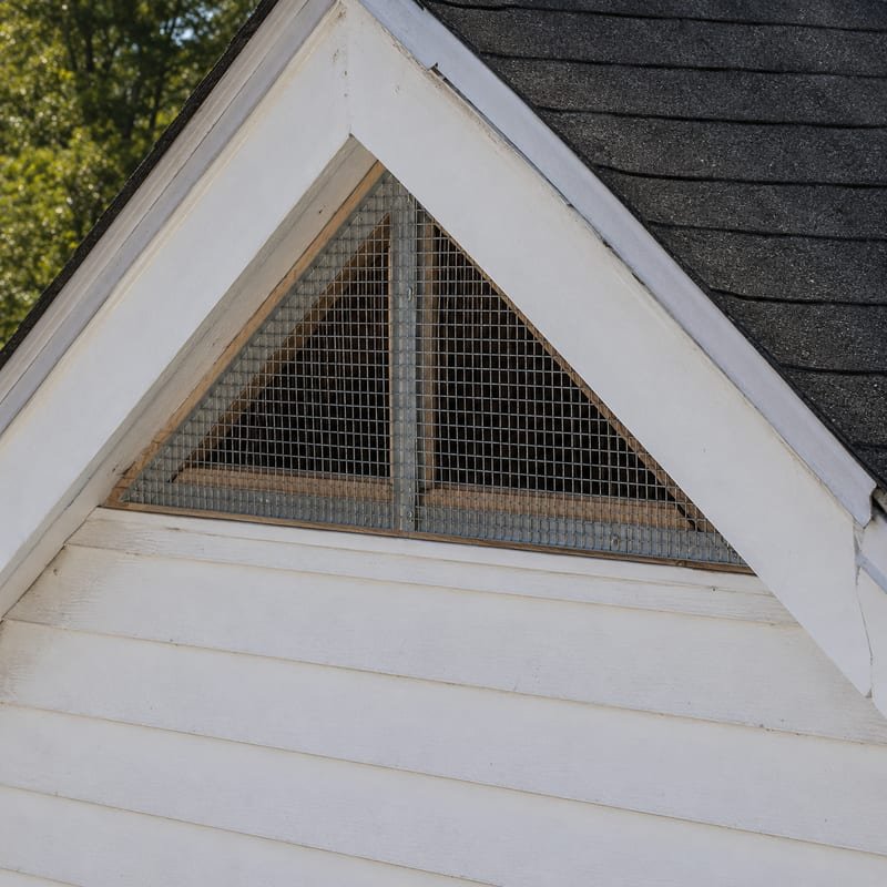 Heavy-gauge steel mesh installed over a gable vent to exclude squirrels from a Worcester, MA attic